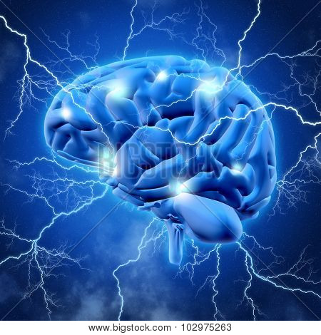 3D render of a brain with lightening bolts