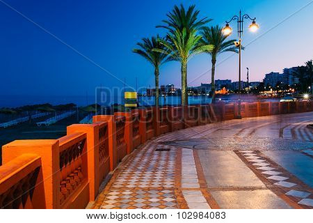 Night Scenery View Of Embankment, Seacoast, Beach In Benalmadena