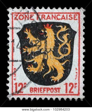 GERMANY - CIRCA 1945: a stamp printed in the Zone Francaise, Germany shows Coat of Arms of Palatinate District, circa 1945