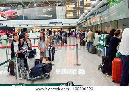 ROME, ITALY - AUGUST 16, 2015: Fiumicino Airport interior. Fiumicino - Leonardo da Vinci International Airport is a major international airport in Rome, Italy