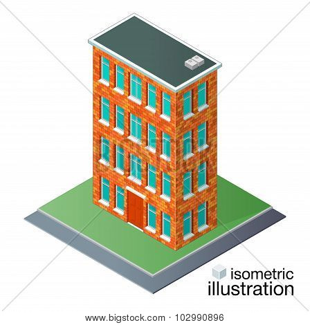 Detailed Brick Building In The Isometric Projection.