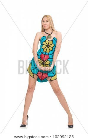 Woman in vivid strapless dress isolated on white