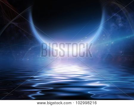 Exosolar Planet Rise over quiet waters