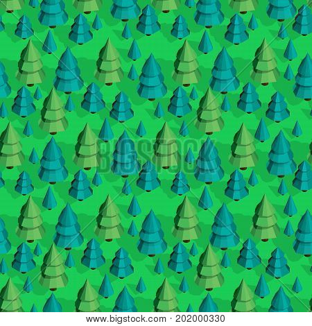 Seamless isometric trees pattern vector illustration. 3d low poly spurce