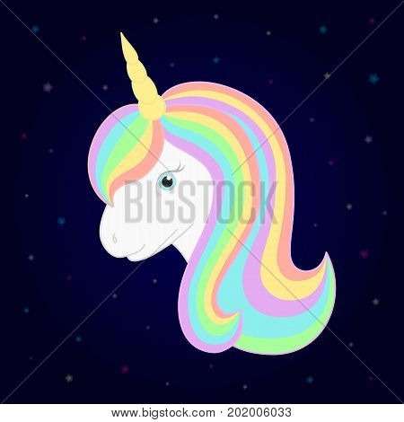 Cute unicorn. Vector unicorn head with beautiful rainbow mane and horn. Starry background. Great for for kids t-shirt print invitations and greeting cards.