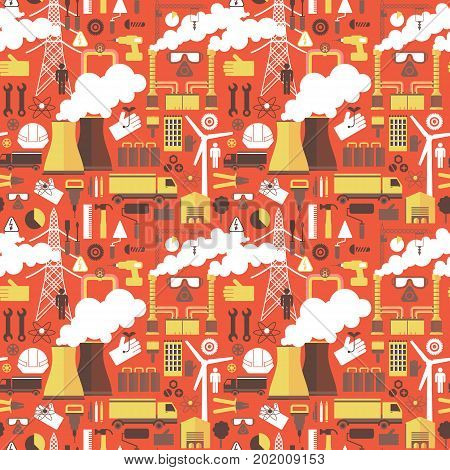 Industrial seamless pattern with windmill thermal power station power line support icons on red background flat vector illustration