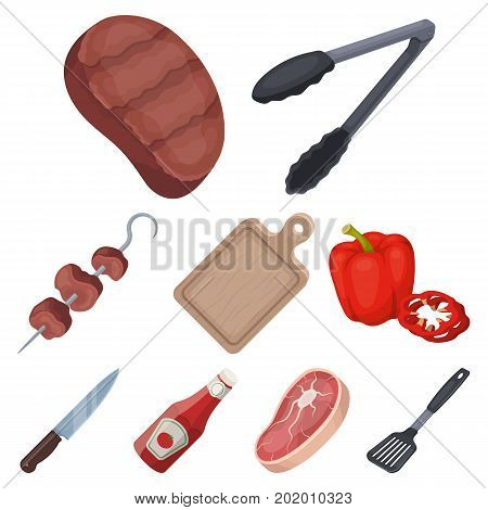 Meat, steak, firewood, grill, table and other accessories for barbecue.BBQ set collection icons in cartoon style vector symbol stock illustration .