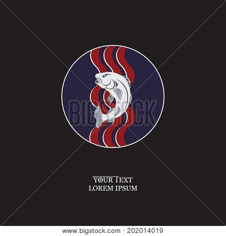 Fish on the waves in a circle on a black background. Emblem, icon. Design for printing on fabric or paper