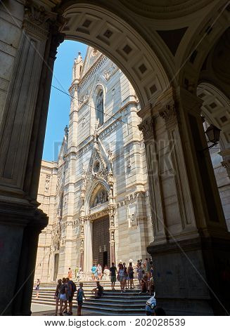 Naples Italy - August 8 2017. Principal facade of Cattedrale metropolitana Santa Maria Assunta cathedral Duomo di Napoli. Naples Campania Italy.