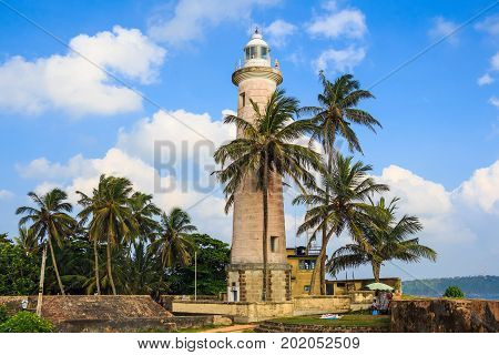 Scenic view with lighthouse old colonial fort Galle in Sri Lanka