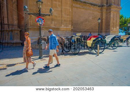 PALMA DE MALLORCA, SPAIN - AUGUST 18 2017: Unidentified people walking near of Cathedral of Santa Maria of Palma La Seu in a gorgeous blue sky, in Palma de Mallorca, Spain.