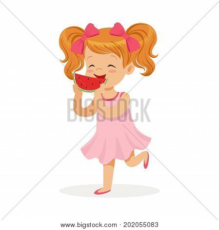 Sweet little redhead girl enjoying eating watermelon cartoon vector Illustration on a white background