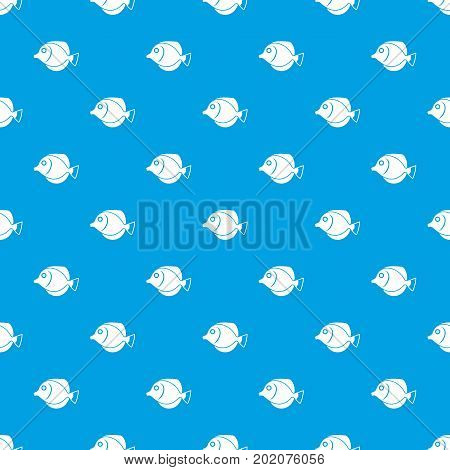 Tang fish, Zebrasoma flavescens pattern repeat seamless in blue color for any design. Vector geometric illustration