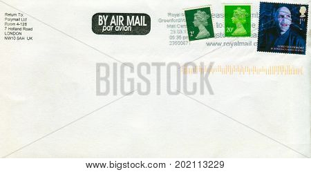 GOMEL, BELARUS - AUGUST 12, 2017: Old envelope which was dispatched from England to Gomel, Belarus, August 12, 2017.