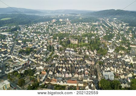 Aerial view over the old town Herborn. Hesse Germany