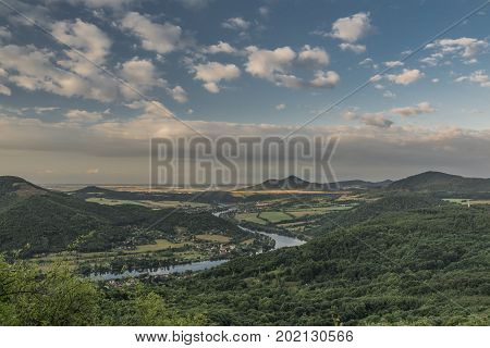 Sunrise on Skalky view over Labe river in north Bohemia