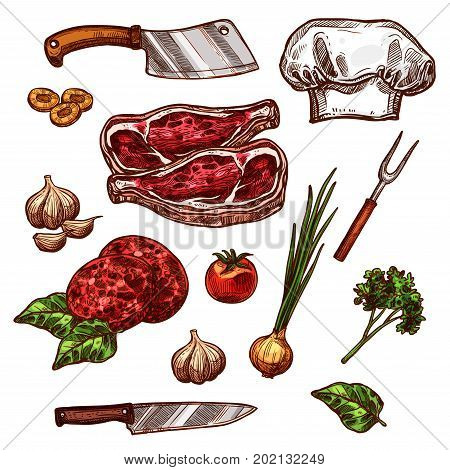 Butchery fresh meat and seasonings or cutlery icons for restaurant. Vector isolated set of chef hat and butcher hatchet knife, beef steak tenderloin or pork brisket, garlic and oregano or rosemary