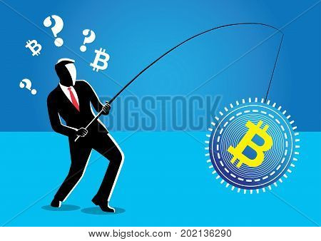 An Illustration of businessman fishing a giant bitcoin
