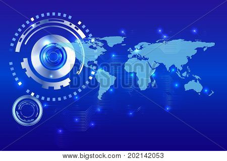 Digital technology background, futuristic technology with world map on blue background. Illustration vector