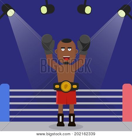 Boxer with Champion belt celebrating flawless victory. Boxer in red shorts with black gloves. Vector illustration
