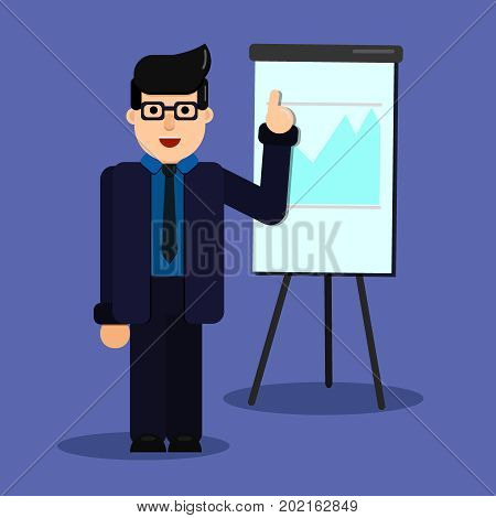 Businessman in glasses with flip chart on the blue background. Man has an idea, man thinks. Vector illustration