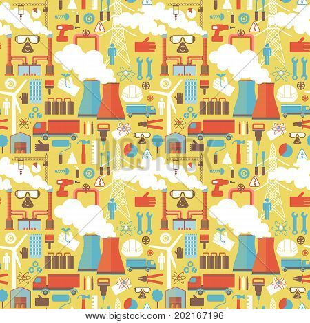 Industrial seamless pattern with factory equipment engineering tools windmills icons on yellow background flat vector illustration