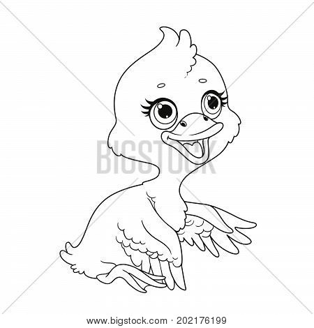 Cute duckling sit on floor outlined isolated on white background