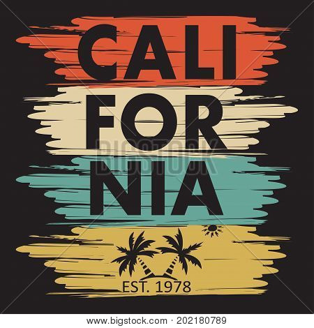 California typography for design clothes t-shirts. Palm sun. Graphics for print product. Vector illustration.