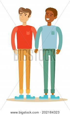 Happy gay couple spending time together. Stock flat vector illustration.