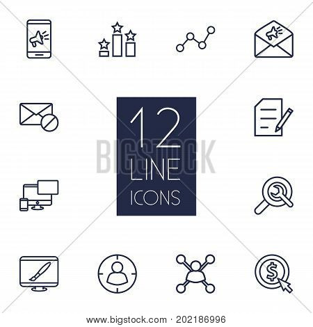 Collection Of Wrench, Stock Exchange, Targeting And Other Elements.  Set Of 12 Search Outline Icons Set.