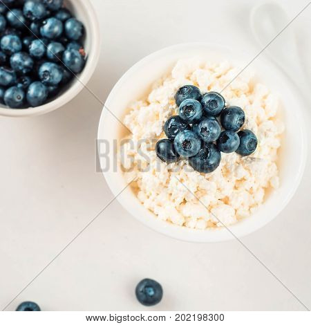 cottage cheese and blueberry in a bowl on a table, selective focus