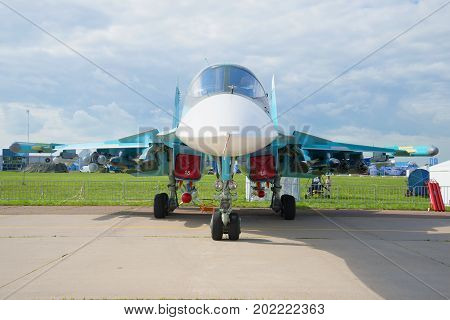 ZHUKOVSKY, RUSSIA - JULY 20, 2017: Russian multifunctional fighter Su-32 full-face. MAKS-2017 Air Show