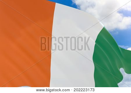 3D Rendering Of Ivory Coast Flag Waving On Blue Sky