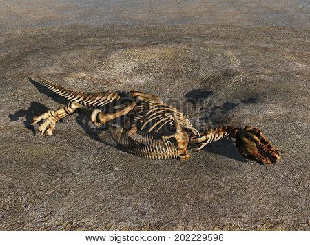 3d illustration of a half-buried dinosaur skeleton