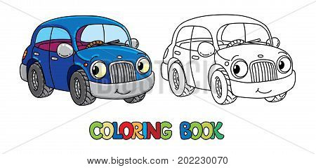Car coloring book for kids. Small funny vector cute vehicle with eyes and mouth. Coloring book. Children vector illustration