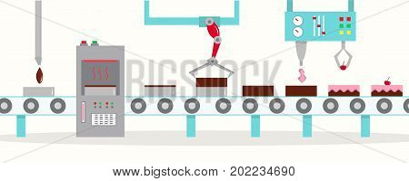 The conveyor for the production of cakes with cherries. The factory of cakes. Flat style, vector illustration.