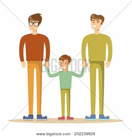Happy gay men posing with their child. Stock flat vector illustration.