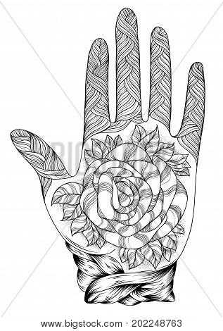 Vector hand drawn tattooed arm with a rose andweave patterns. Pattern for coloring page A4 size Indian traditional lifestyle. Ornament coloring book for adults.