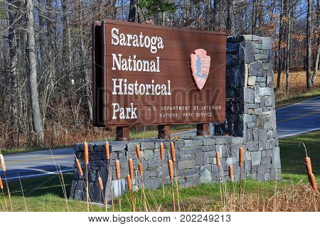 NEW YORK STATE, USA - NOV. 20, 2013: Sign of Saratoga National Historical Park, Saratoga County, Upstate New York, USA. This is the site of the Battles of Saratoga in the American Revolutionary War.