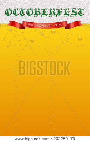 Octoberfest and Willkommen Zum text on beer background. Vector illustration. Octoberfest menu template.