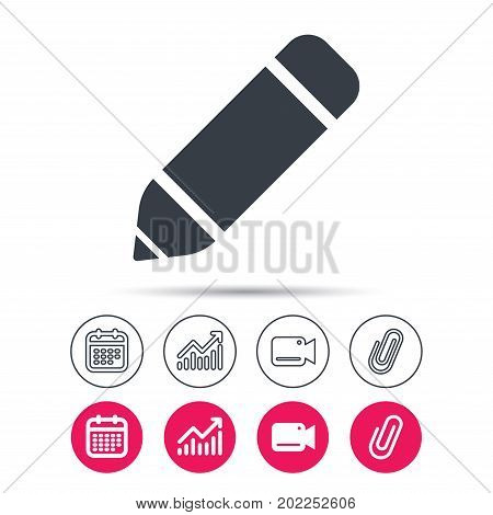 Edit icon. Pencil for drawing symbol. Statistics chart, calendar and video camera signs. Attachment clip web icons. Vector