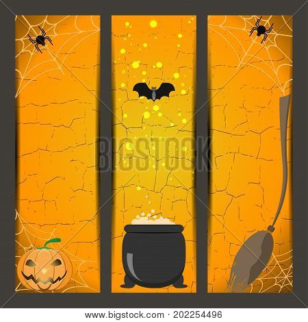 Set of Halloween bookmarks with broom witch boiler pumpkin spider bat on the gradient orange background.