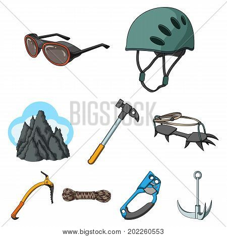 Ice ax, conquered top, mountains in the clouds and other equipment for mountaineering.Mountaineering set collection icons in cartoon style vector symbol stock illustration .