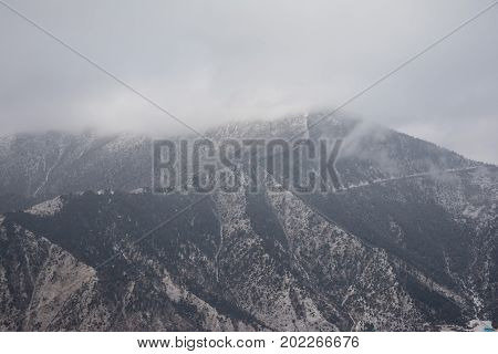 Mountains covered with snow. View of the mountain slopes covered with fir-trees. Mountains and forests on the sky background