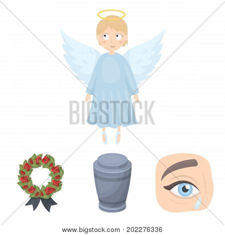 The urn with the ashes of the deceased, the tears of sorrow for the deceased at the funeral, the mourning wreath, the angel of death. Funeral ceremony set collection icons in cartoon style vector symbol stock illustration .