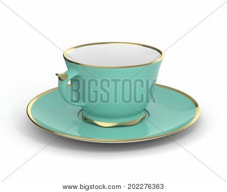 Isolated antique porcelain turquoise tea cup on saucer with gold edging on white background. Vintage crockery. 3D Illustration.