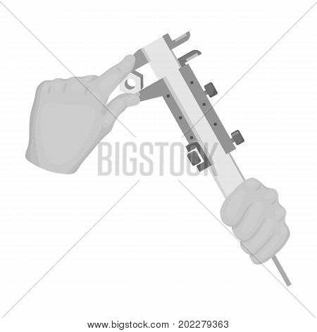 Manipulation with calipers. Measuring instrument, caliper single icon in monochrome style vector symbol stock illustration .