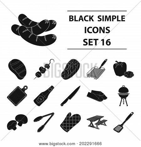 Meat, steak, firewood, grill, table and other accessories for barbecue.BBQ set collection icons in black style vector symbol stock illustration .