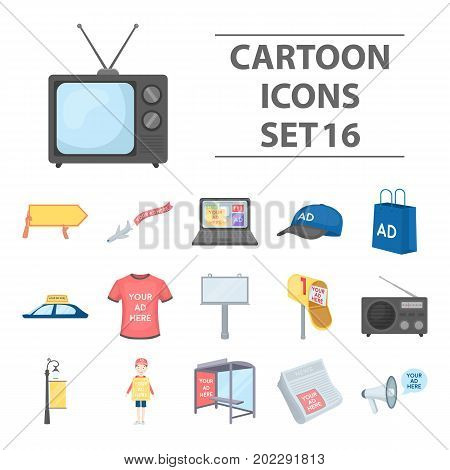 Advertising set icons in cartoon style. Big collection of advertising vector symbol stock