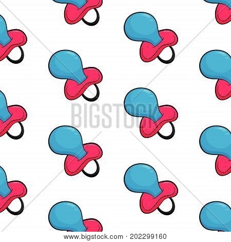 Vector soother icon. Baby pattern with dummy in blue pink color. Newborn child cute texture bimbo. Childhood sillicone symbol
